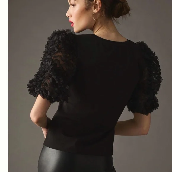 NWT Anthropologie Black Ruffle-Sleeve Top by Flat White Size XS - Picture 4 of 11